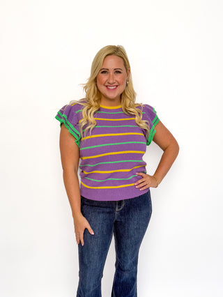 Mardi Gras Striped Ruffle Sleeve Top