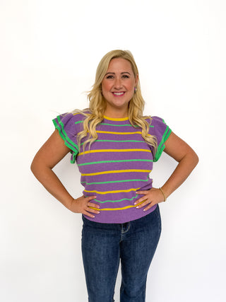 Mardi Gras Striped Ruffle Sleeve Top