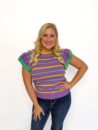 Mardi Gras Striped Ruffle Sleeve Top