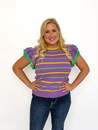 Mardi Gras Striped Ruffle Sleeve Top