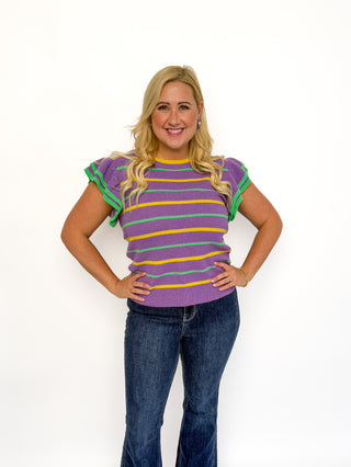 Mardi Gras Striped Ruffle Sleeve Top