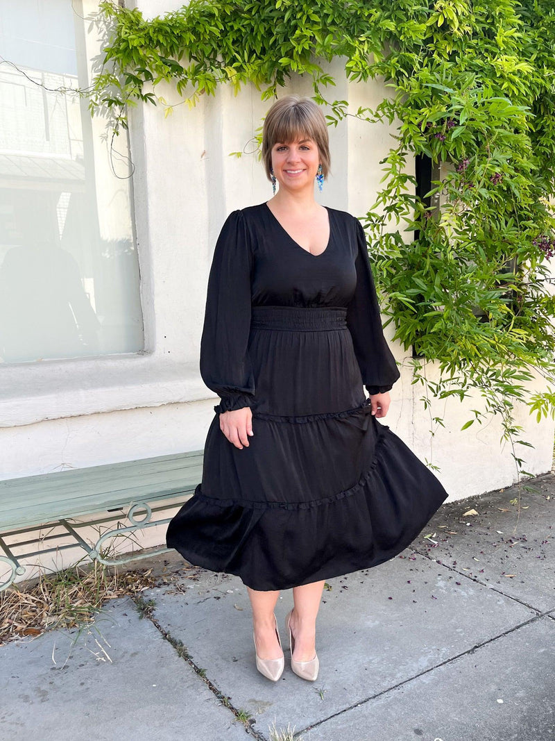 Black Maxi Satin Ruffle Dress - SLS Wares