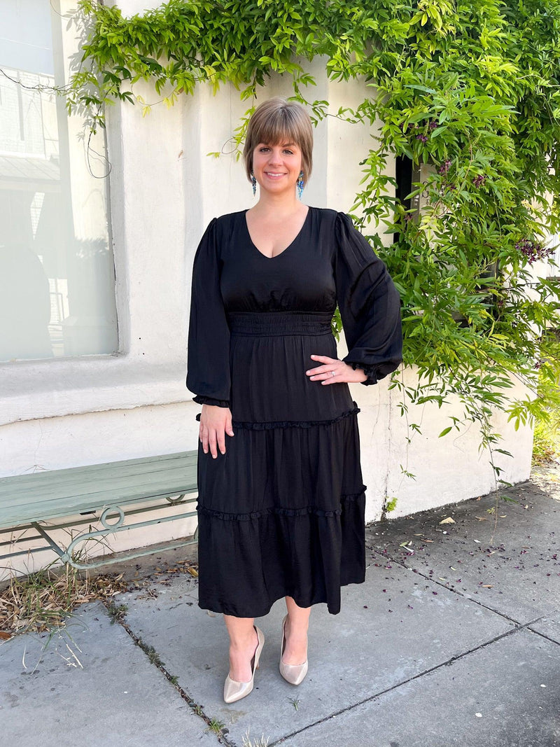 Black Maxi Satin Ruffle Dress - SLS Wares