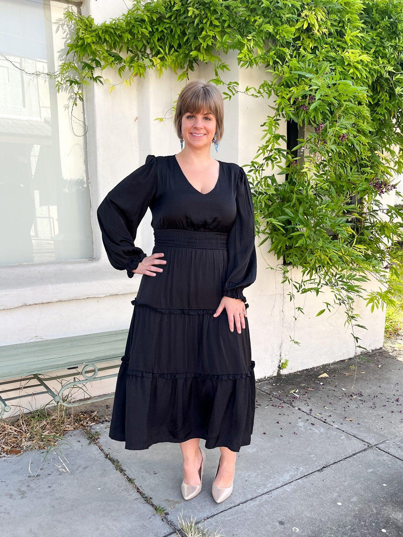 Black Maxi Satin Ruffle Dress - SLS Wares