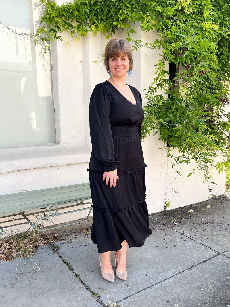 Black Maxi Satin Ruffle Dress - SLS Wares