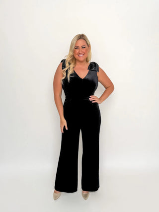 Black Sequin Bow Velvet Jumpsuit - SLS Wares