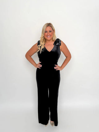 Black Sequin Bow Velvet Jumpsuit - SLS Wares