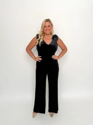 Black Sequin Bow Velvet Jumpsuit - SLS Wares