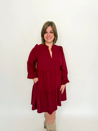 Burgundy Long Sleeve Babydoll Dress - SLS Wares