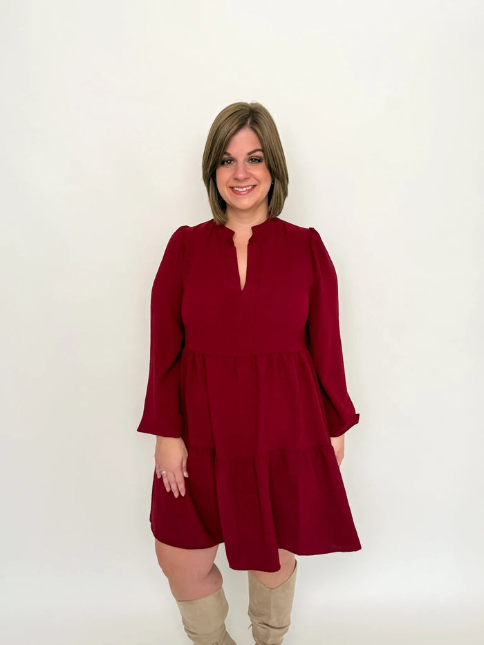 Burgundy Long Sleeve Babydoll Dress - SLS Wares