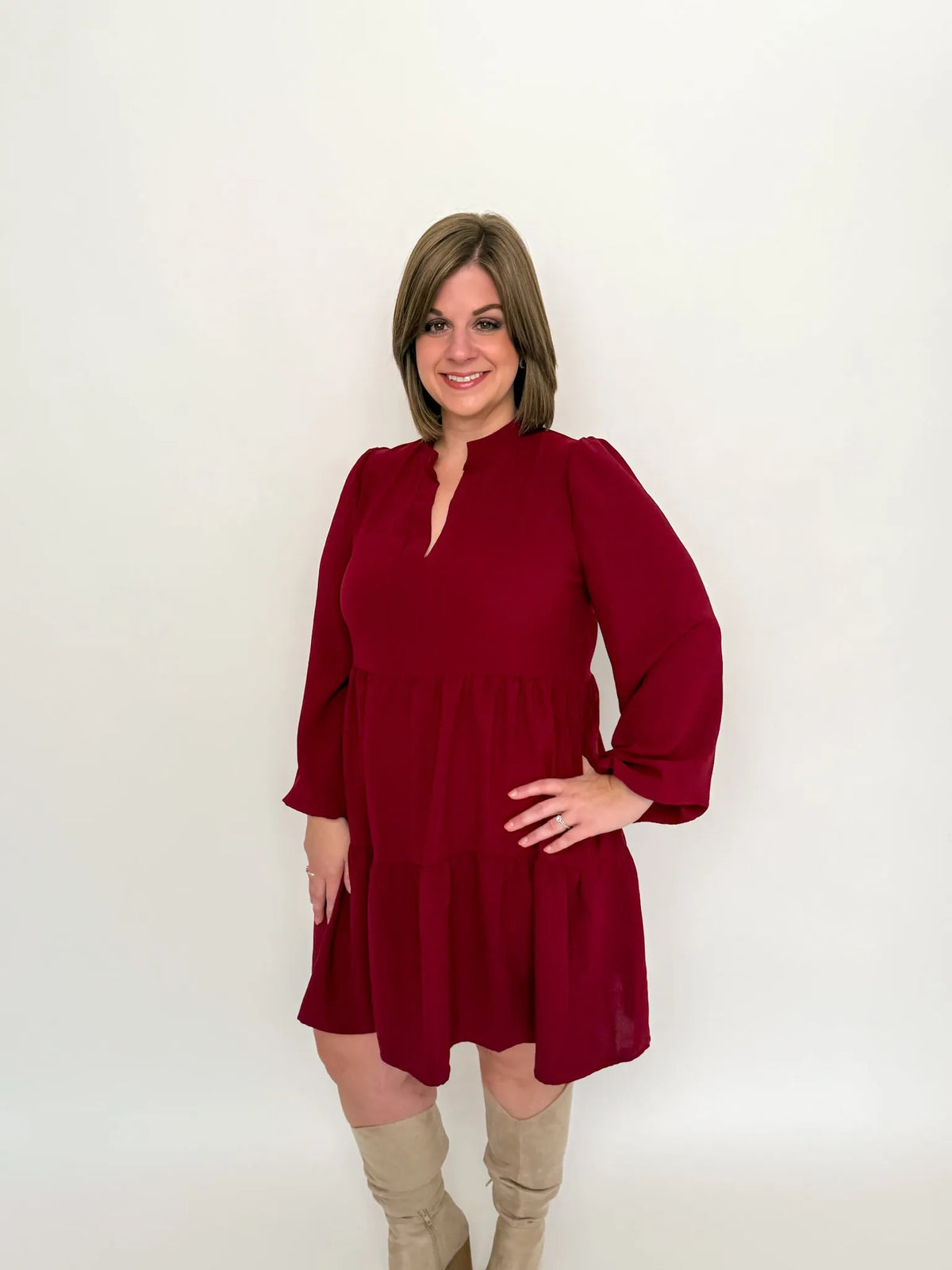 Burgundy Long Sleeve Babydoll Dress - SLS Wares