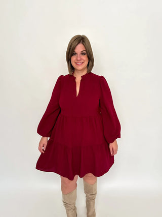 Burgundy Long Sleeve Babydoll Dress - SLS Wares