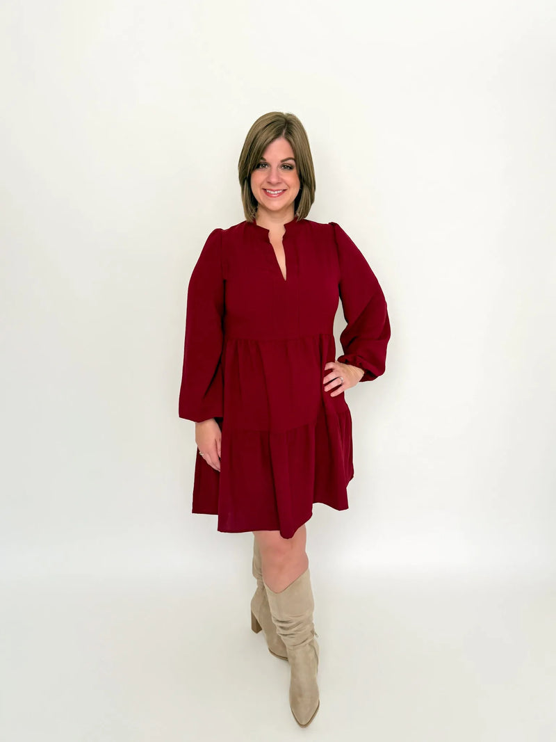 Burgundy Long Sleeve Babydoll Dress - SLS Wares