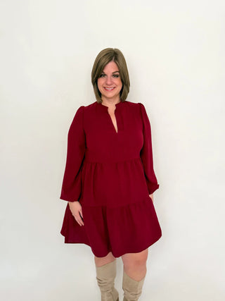 Burgundy Long Sleeve Babydoll Dress - SLS Wares