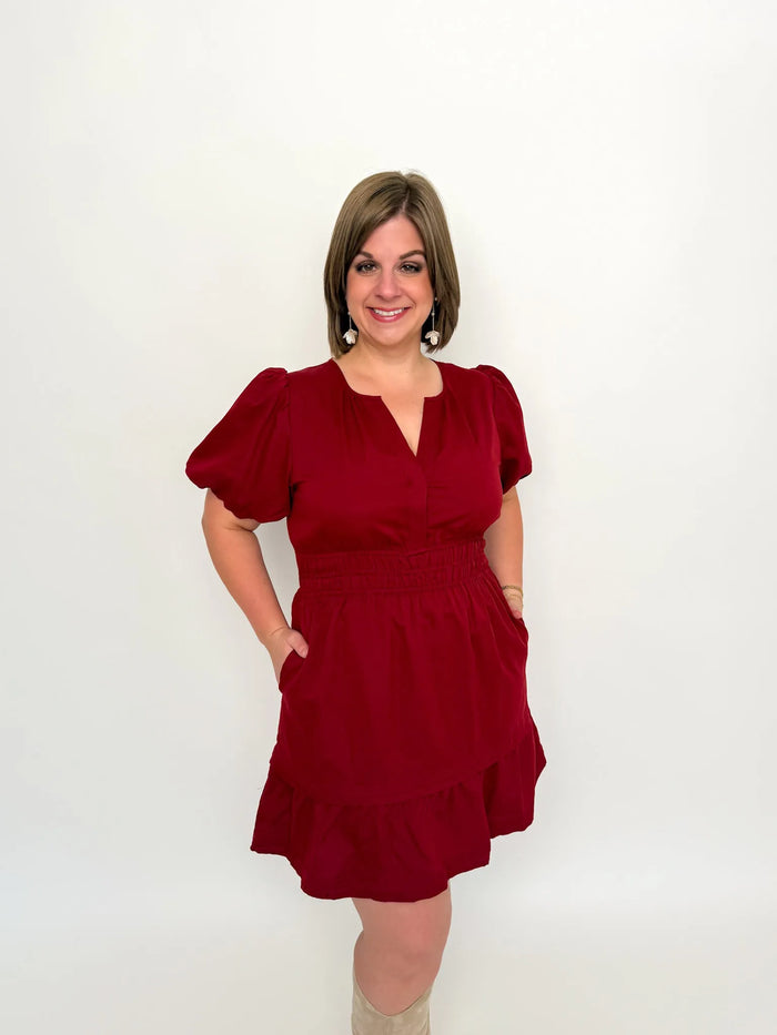 Burgundy Smocked Waist Ruffle Dress - SLS Wares