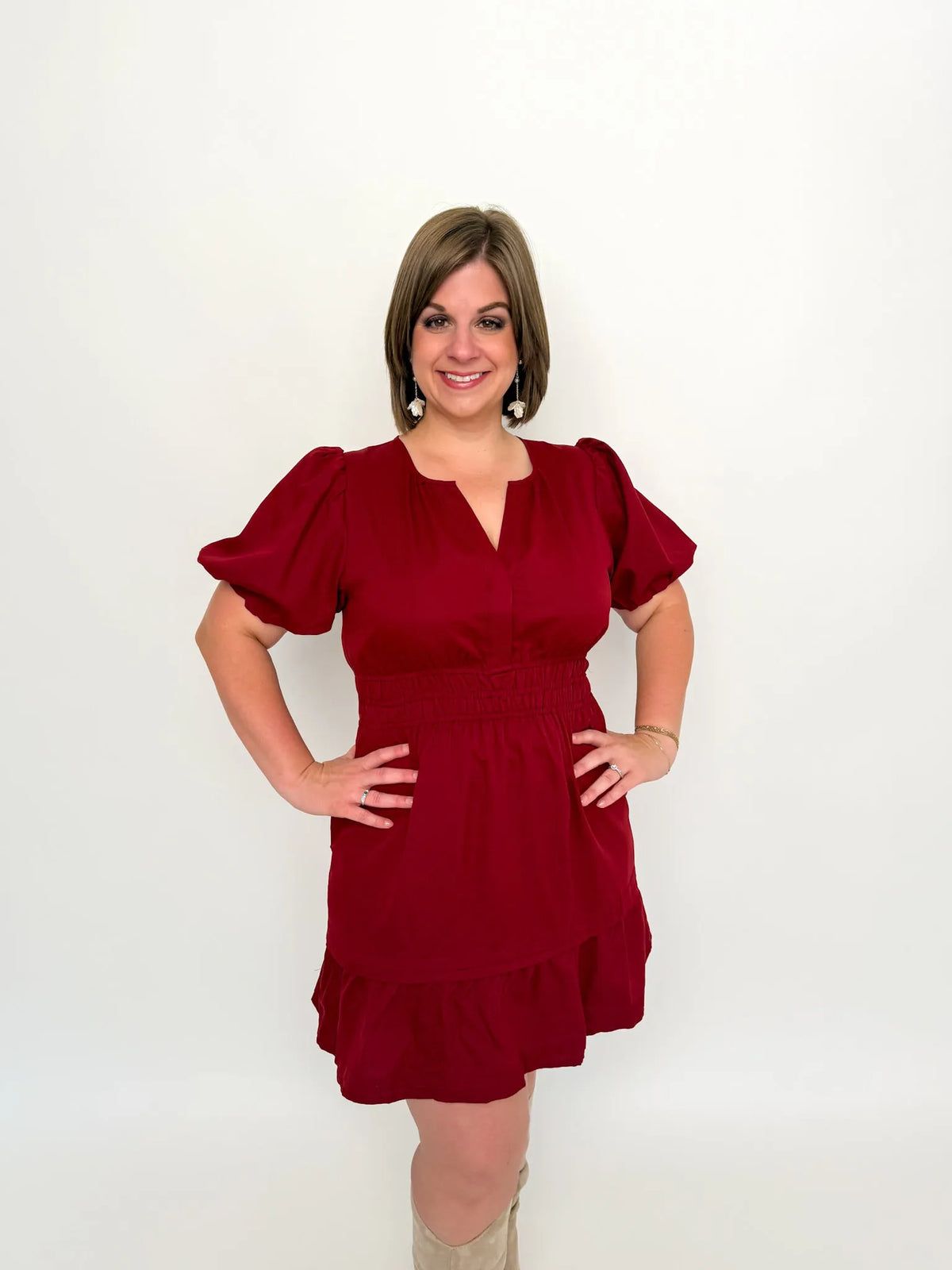 Burgundy Smocked Waist Ruffle Dress - SLS Wares