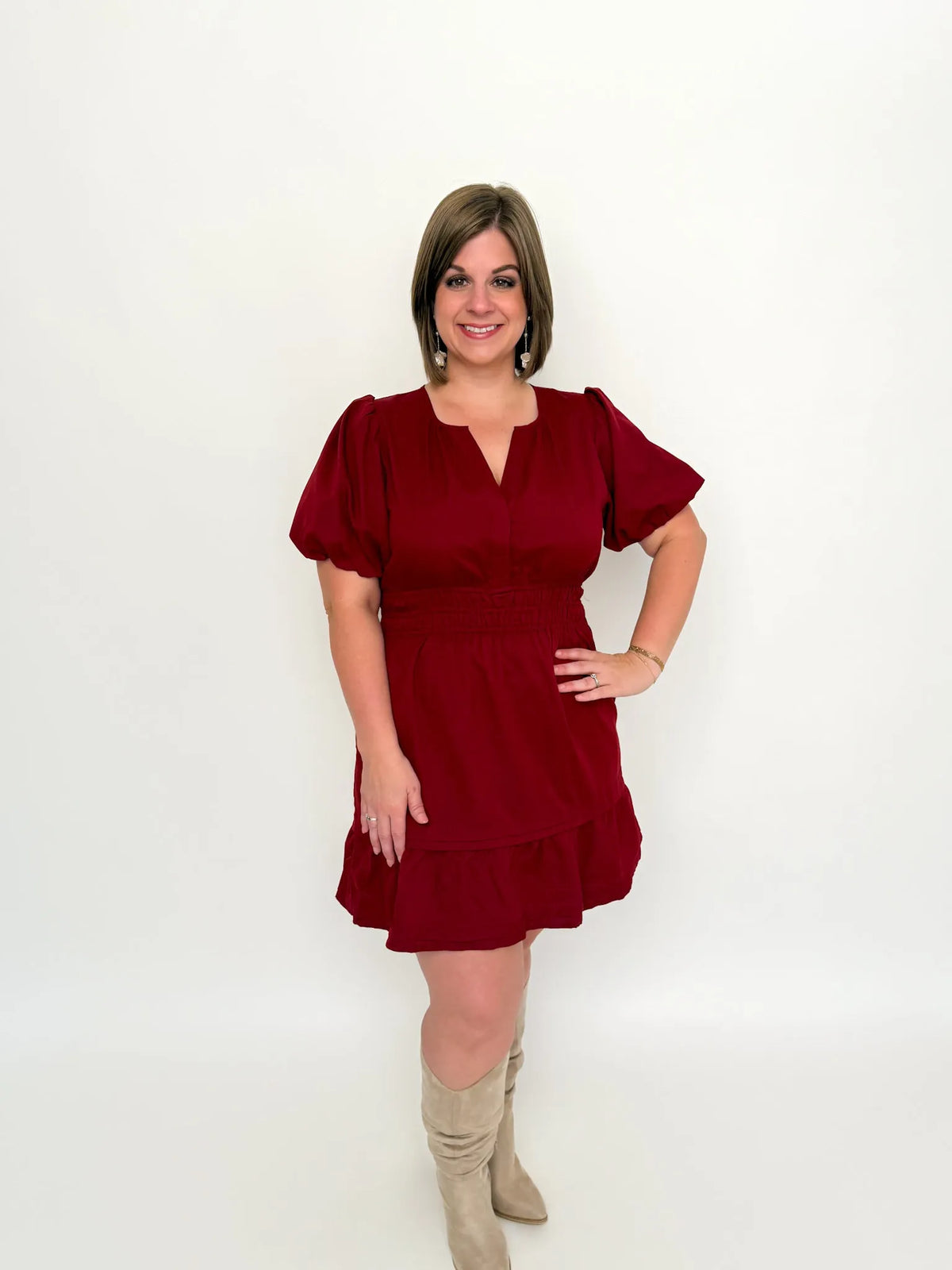 Burgundy Smocked Waist Ruffle Dress - SLS Wares