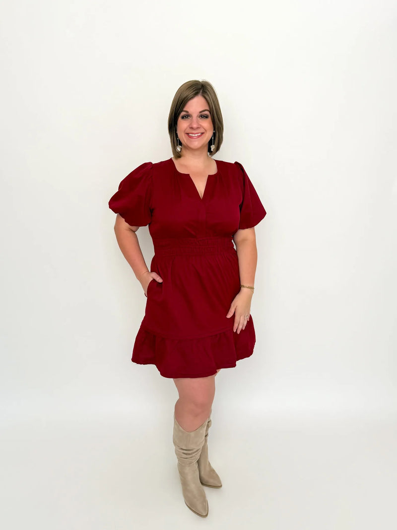 Burgundy Smocked Waist Ruffle Dress - SLS Wares