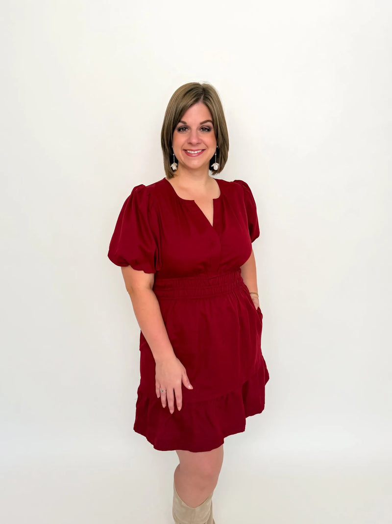 Burgundy Smocked Waist Ruffle Dress - SLS Wares