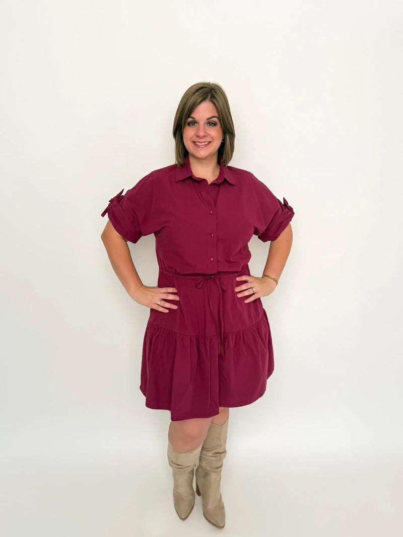 Burgundy Tiered Shirt Dress - SLS Wares