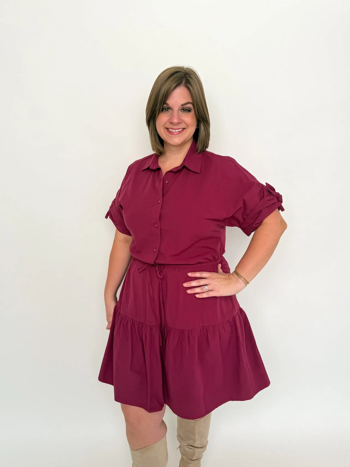 Burgundy Tiered Shirt Dress - SLS Wares