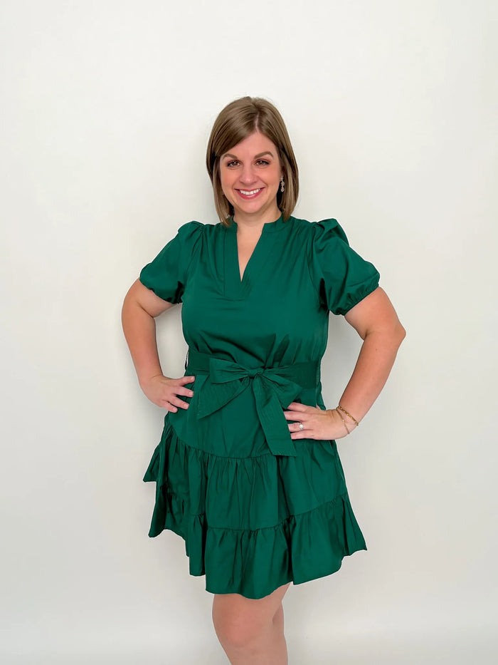 Forest Green V Neck Tie Waist Dress - SLS Wares