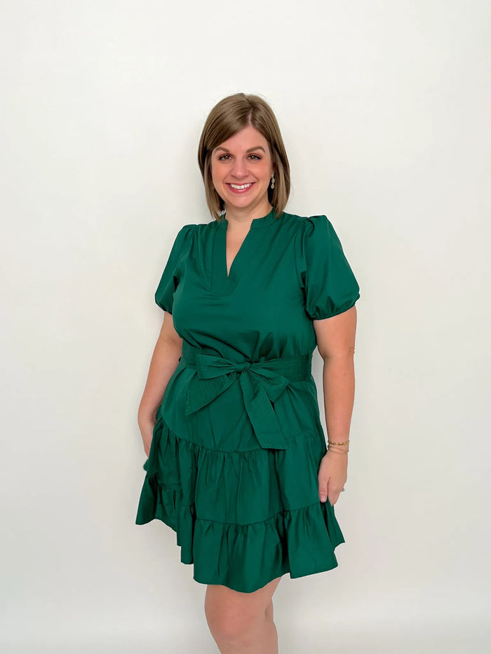 Forest Green V Neck Tie Waist Dress - SLS Wares