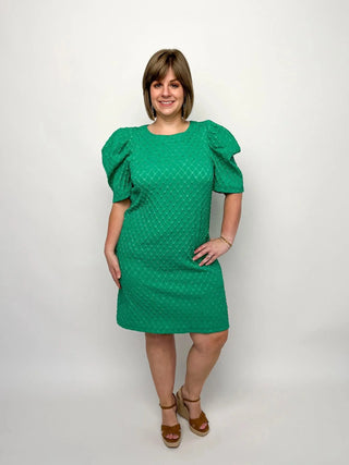 Green Jacquard Puff Sleeve Dress - SLS Wares