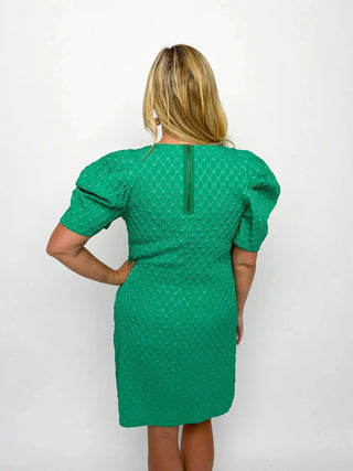 Green Jacquard Puff Sleeve Dress - SLS Wares