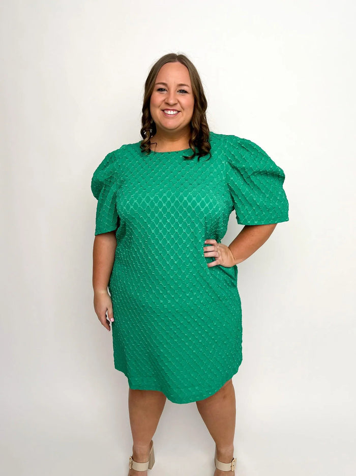 Green Jacquard Puff Sleeve Dress - SLS Wares