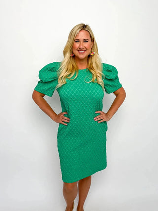 Green Jacquard Puff Sleeve Dress - SLS Wares