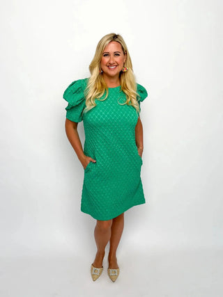 Green Jacquard Puff Sleeve Dress - SLS Wares