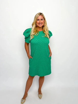 Green Jacquard Puff Sleeve Dress - SLS Wares