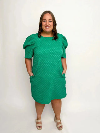 Green Jacquard Puff Sleeve Dress - SLS Wares