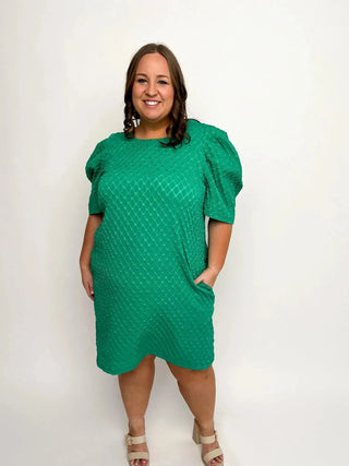 Green Jacquard Puff Sleeve Dress - SLS Wares