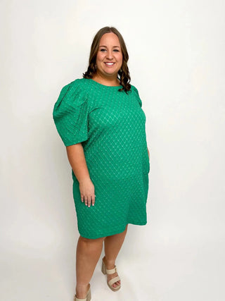 Green Jacquard Puff Sleeve Dress - SLS Wares