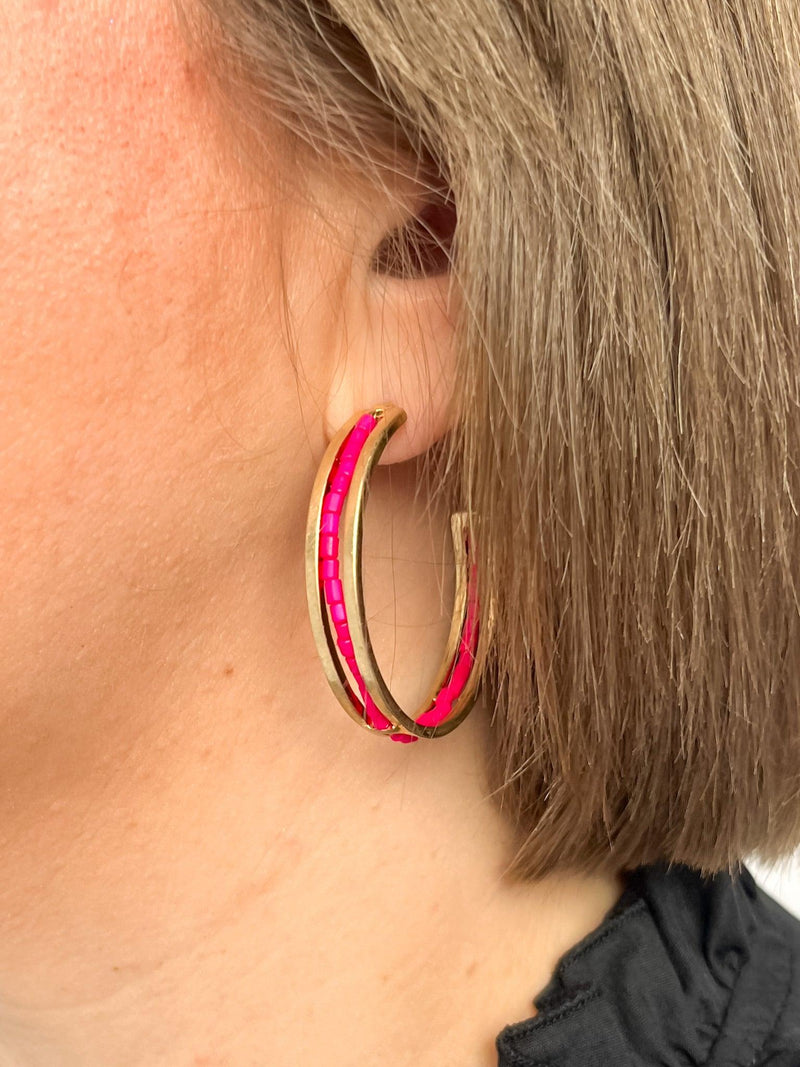 Hot Pink Beaded Hoops - SLS Wares