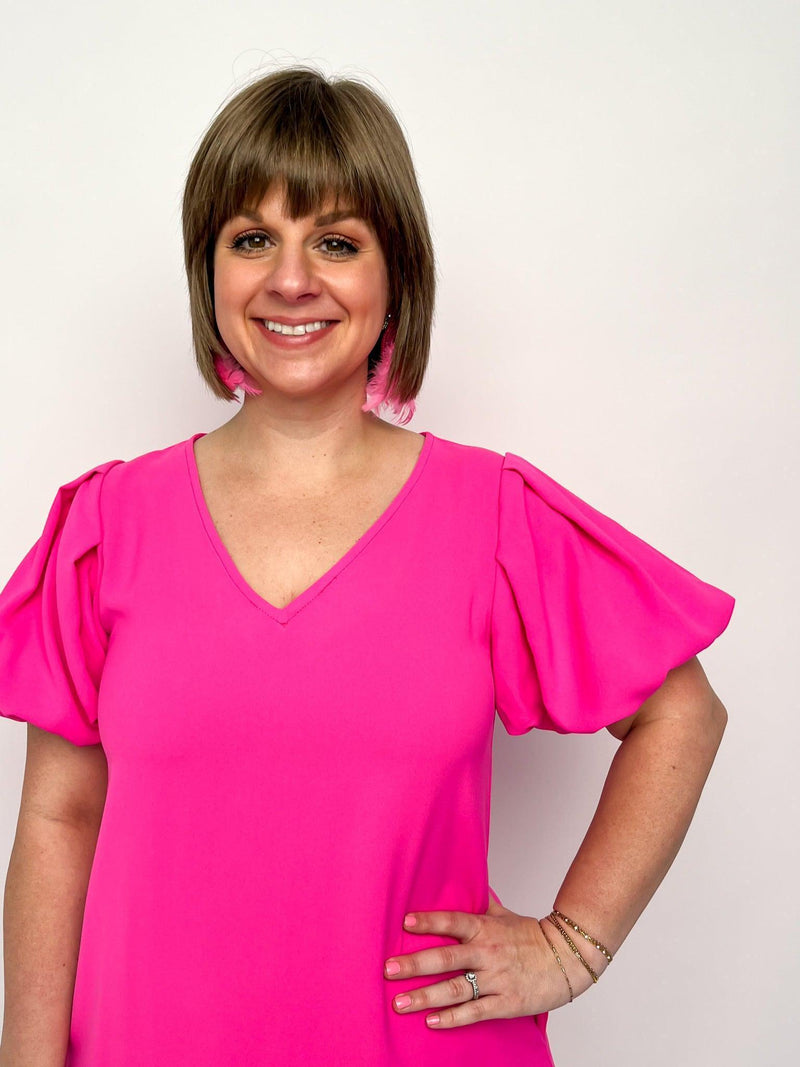 Hot Pink Puff Sleeve Dress - SLS Wares