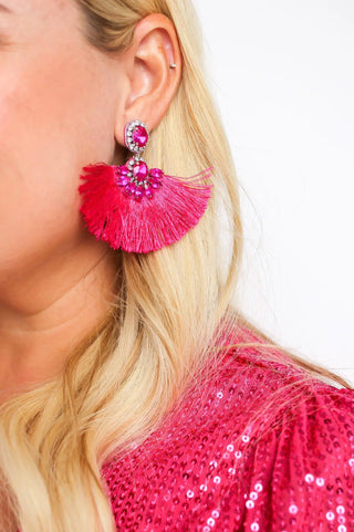 Hot Pink Rhinestone Fringe Earrings - SLS Wares