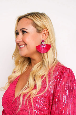 Hot Pink Rhinestone Fringe Earrings - SLS Wares