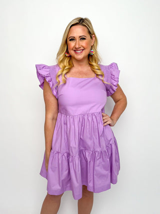 Lavender Square Neck Ruffle Sleeve Dress - SLS Wares