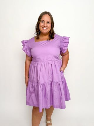 Lavender Square Neck Ruffle Sleeve Dress - SLS Wares