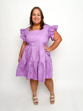 Lavender Square Neck Ruffle Sleeve Dress - SLS Wares