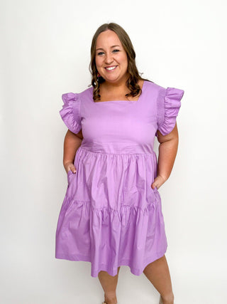 Lavender Square Neck Ruffle Sleeve Dress - SLS Wares