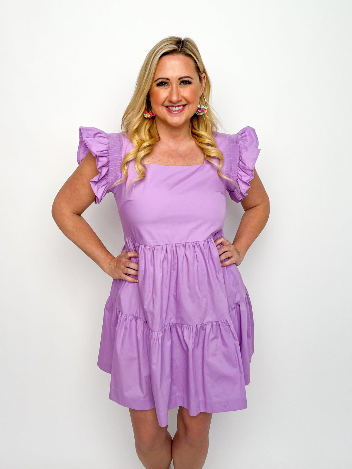 Lavender Square Neck Ruffle Sleeve Dress - SLS Wares