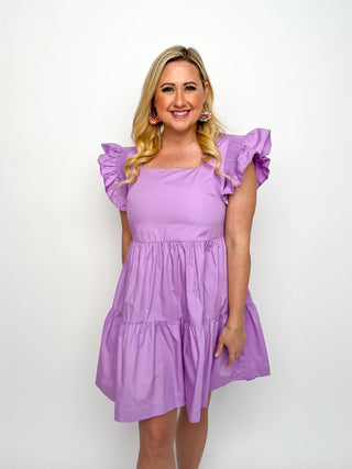 Lavender Square Neck Ruffle Sleeve Dress - SLS Wares