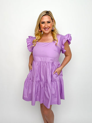 Lavender Square Neck Ruffle Sleeve Dress - SLS Wares