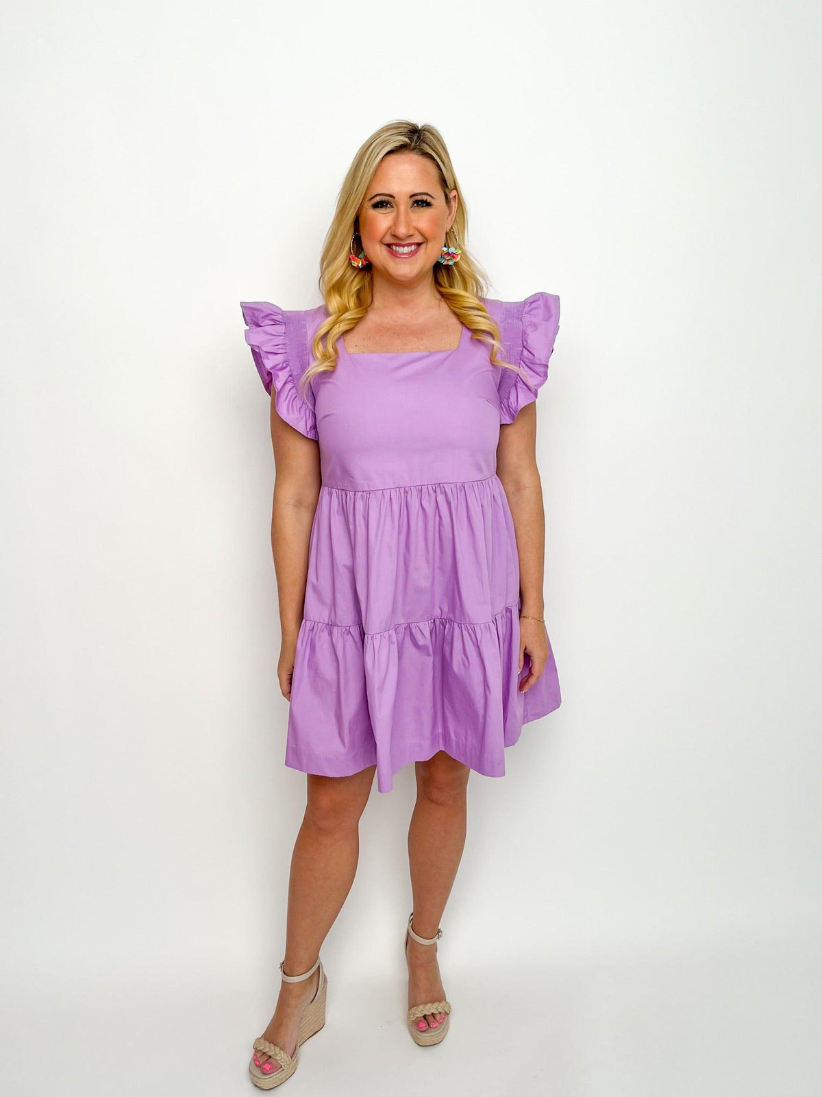 Lavender Square Neck Ruffle Sleeve Dress - SLS Wares
