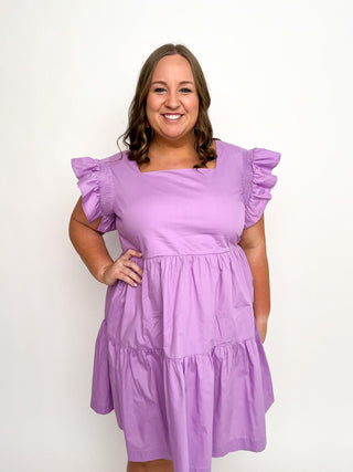 Lavender Square Neck Ruffle Sleeve Dress - SLS Wares