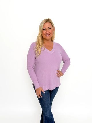 Lavender Waffle V Neck Sweater - SLS Wares